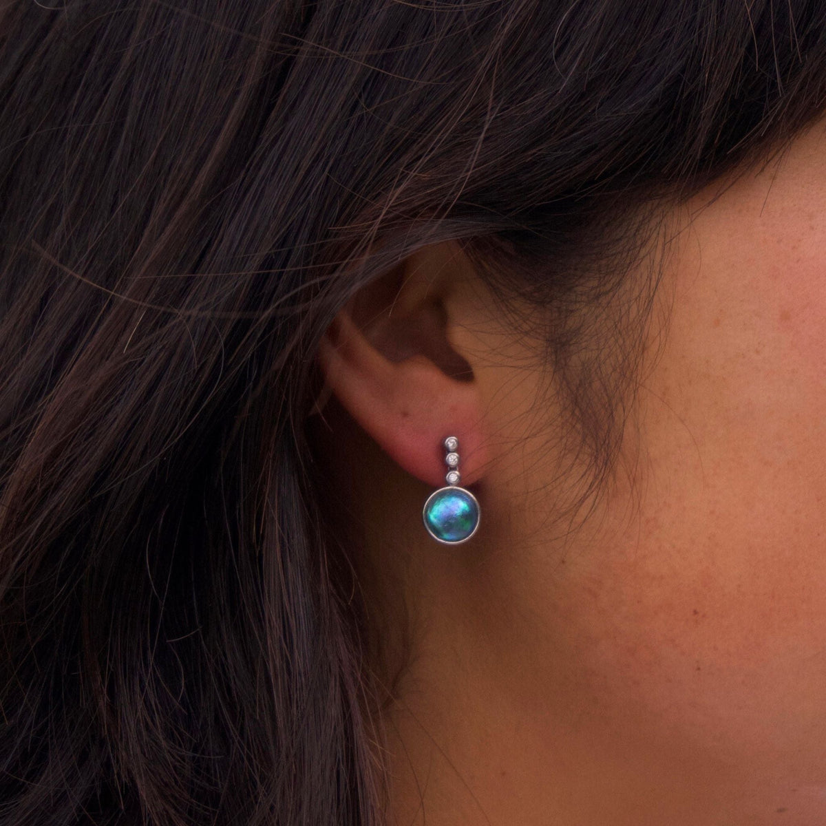 March birthpearl earrings featuring rare New Zealand paua pearls
