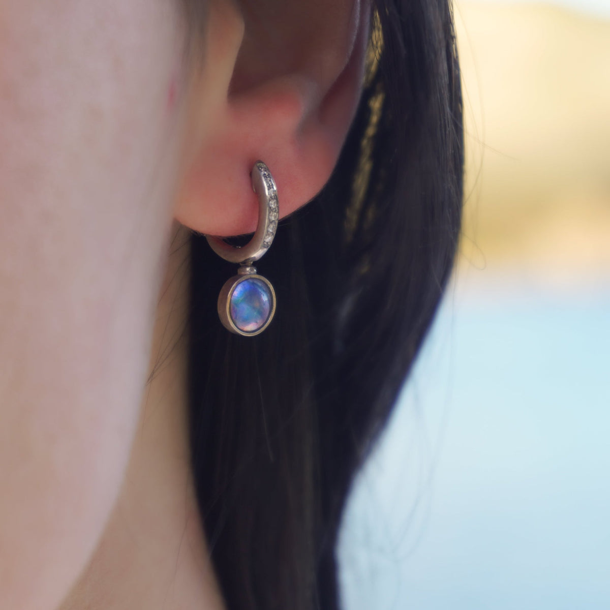 New Zealand pearl earrings nz featuring birthstone paua pearls in white gold
