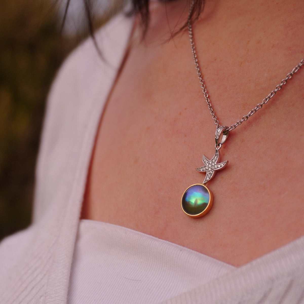 Pearl necklace NZ — Astral Elegance pendant, 10mm pāua pearl, 18ct white & yellow gold with diamonds
