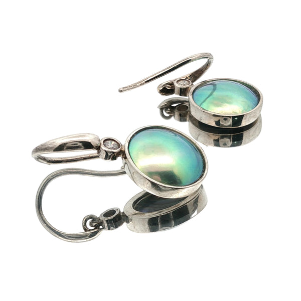 Sterling silver paua pearl earrings with cubic zirconia, handcrafted in New Zealand
