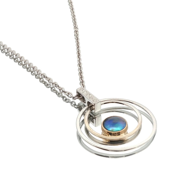 18ct white and yellow gold orbit pearl necklace NZ — Arapawa paua pearl with diamond accents, 50cm chain
