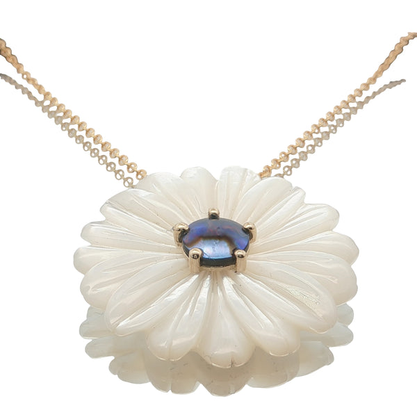 Handcrafted pearl necklace nz with daisy design in 9ct yellow gold and oyster shell
