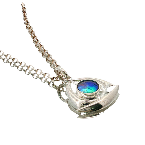 Pearl necklace nz featuring rare Arapawa paua pearl in sterling silver sailboat setting
