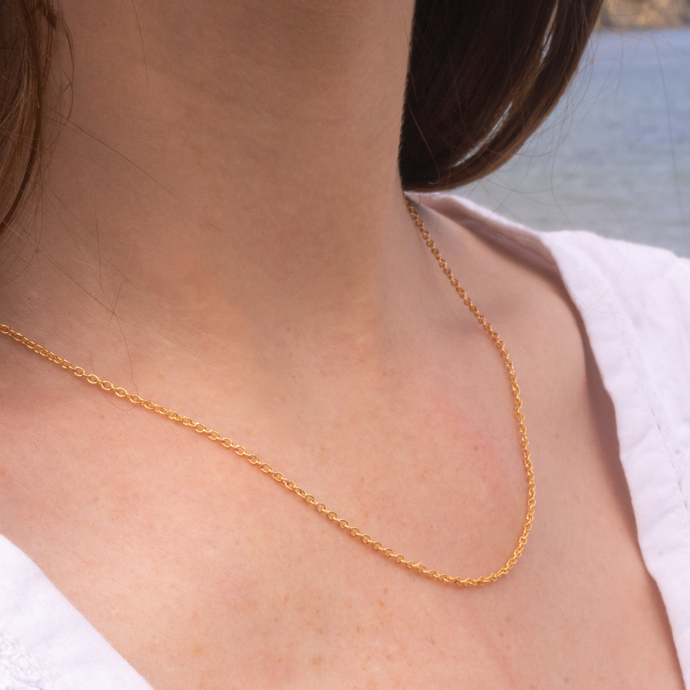 Gold necklace worn by a person with a beach in the background