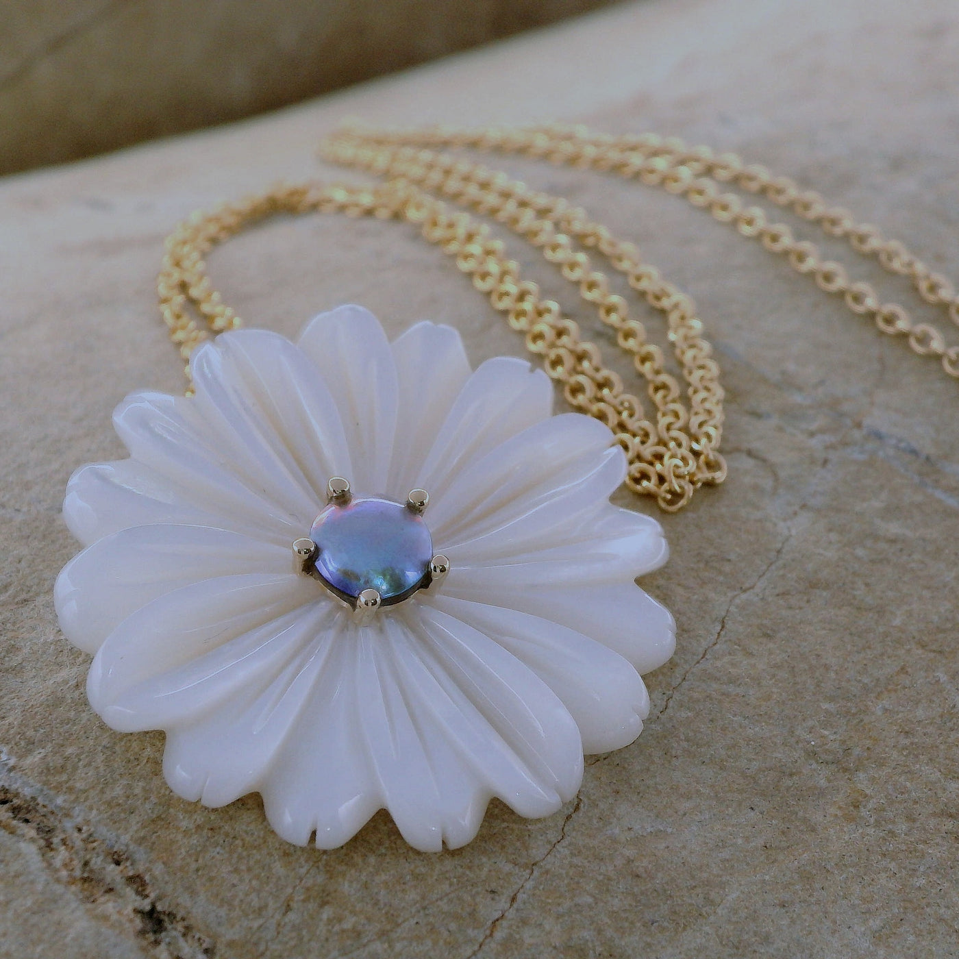 3. Pearl Marlborough Daisy Necklace - Yellow Gold 9ct March Aqua Pearl