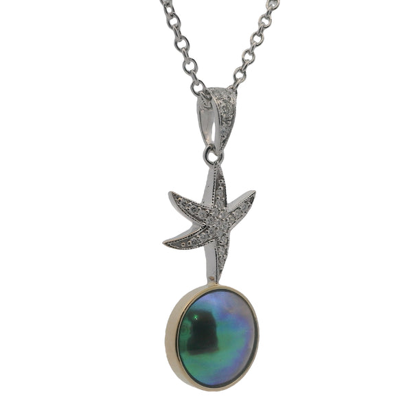 18ct white & yellow gold pearl necklace NZ — Astral Elegance with 10mm Arapawa pāua pearl