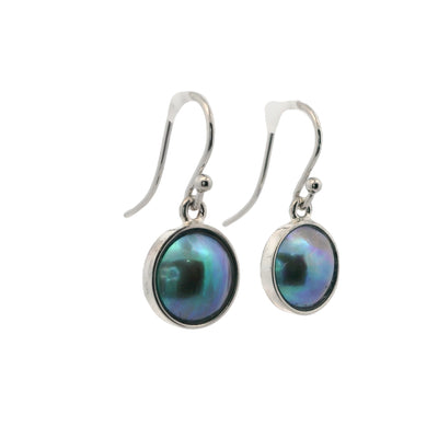 Pāua pearl earrings in polished sterling silver drop setting, 9.5mm mabe round pearl