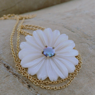 3. Pearl Marlborough Daisy Necklace - Yellow Gold 9ct March Aqua Pearl