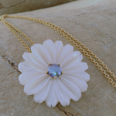 3. Pearl Marlborough Daisy Necklace - Yellow Gold 9ct March Aqua Pearl